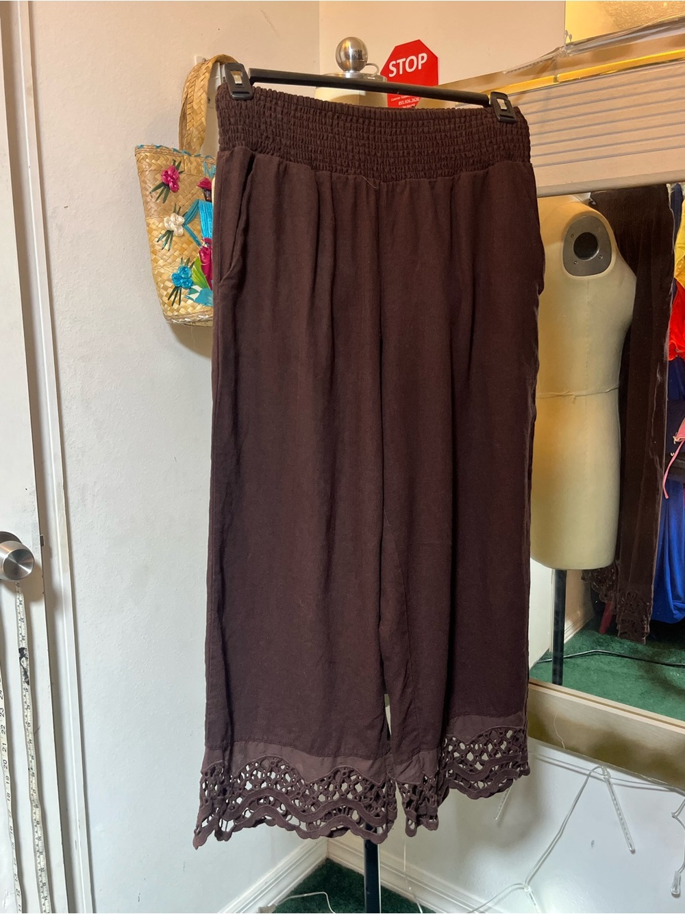Brown Rayon Wide Leg Cropped Pants Lace Hem High Rise Medium